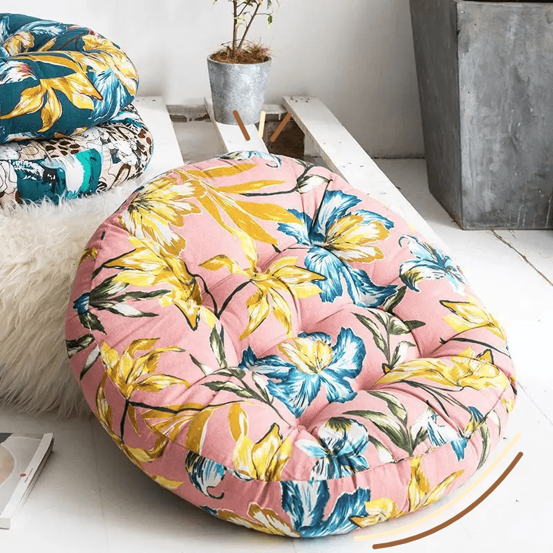 Coussin de sol rond fleuri bleu | Dreamy Sloth® Rose / 55x55 cm